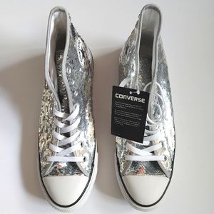 NWT Converse Silver Sequined High Tops Size 10